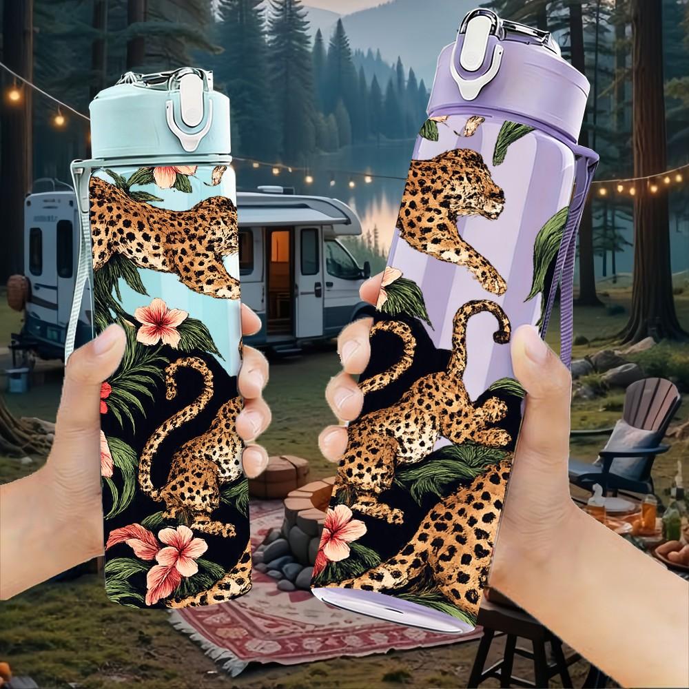 1PC Leopard Among Red Flower Print 750ml Color Plastic Sports Water Bottle Leakproof Flip Straw Lid Suitable for Sports Office Home Use