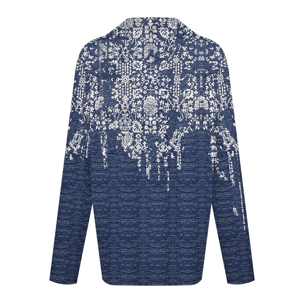 Ladies' Autumn And Winter Top With Zipper, Casual Retro Floral Print Long Sleeved Top