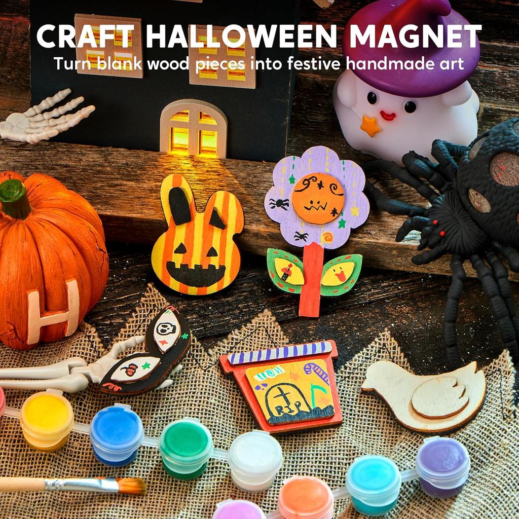 JOYFY 12 Wooden Magnet Creativity Arts & Crafts Painting Kit for Kids Decorate Painting Gift for Halloween Crafts Birthday Gift