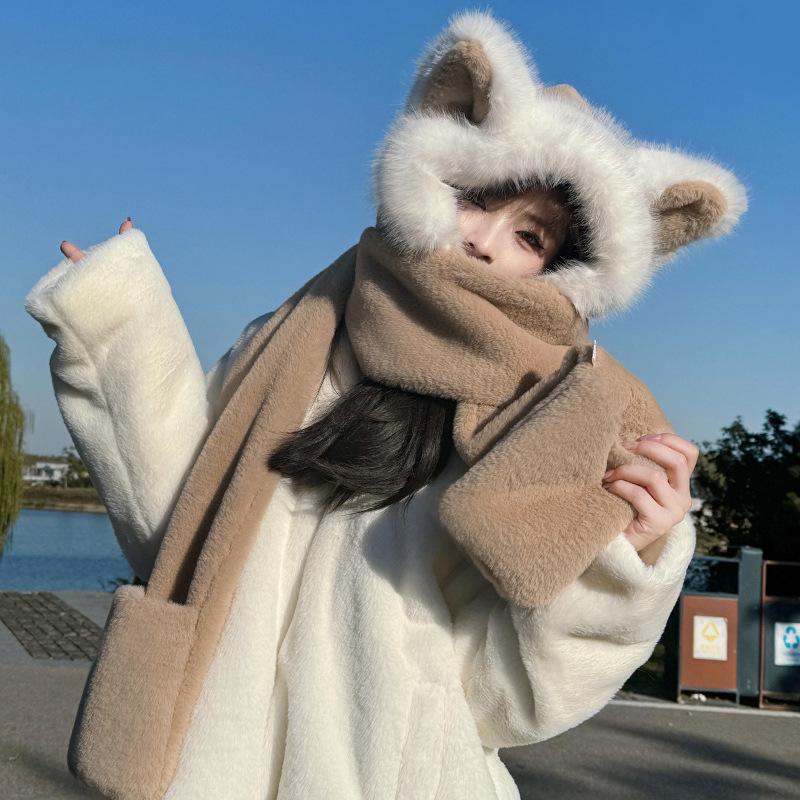 Winter female cute fox ear hat double layer thickened scarf hat gloves three-piece warm plush pullover hat