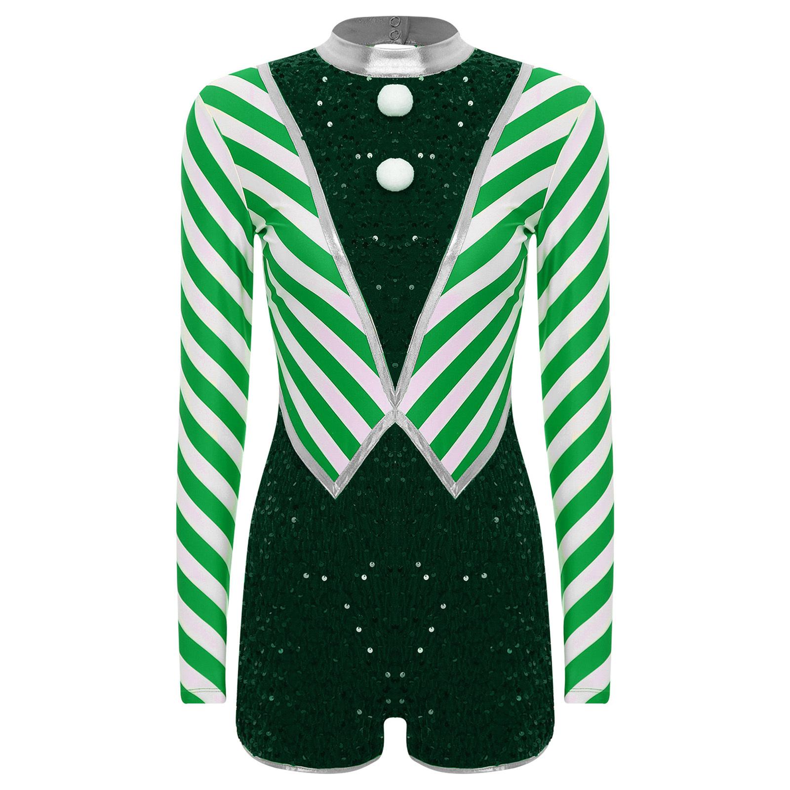 

Жіночий різдвяний комбінезон з довгим рукавом, смугастий, з паєтками та помпонами, дизайн, костюм цукеркової тростини для різдвяної вечірки M зелений