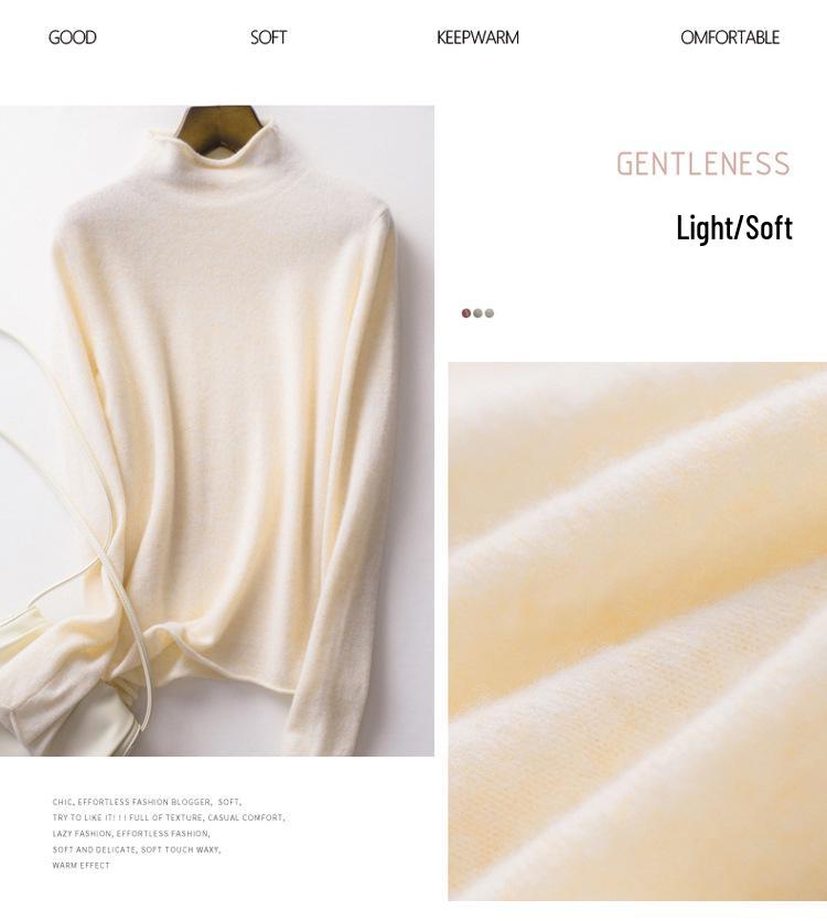 Women's 100% Pure Wool Turtleneck Sweater - Fashionable Autumn/Winter Knitted Cashmere Base Layer Top