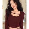 Burgundy Slim-fitting Short Temperament Long-sleeved T-shirt Women's Clothing Winter Waist and Thin U-neck Bottoming Shirt Chic Top