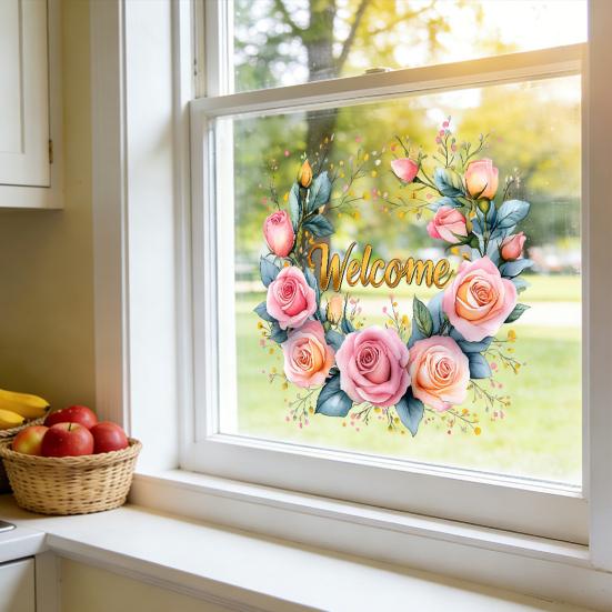 Spring Flower Wreath Window Cling Tulip/Sunflower/Rose Flower Static PVC Sticker Removable Glass Decals for Home Office Shop
