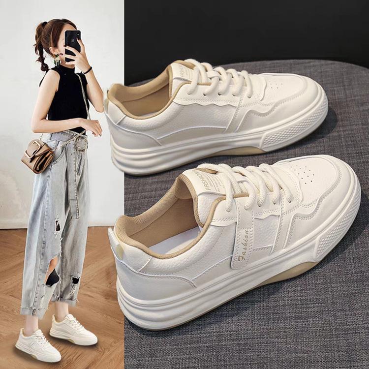Popular leather white shoes women's 2025 spring new versatile women's shoes sports and leisure platform student non-slip board shoes