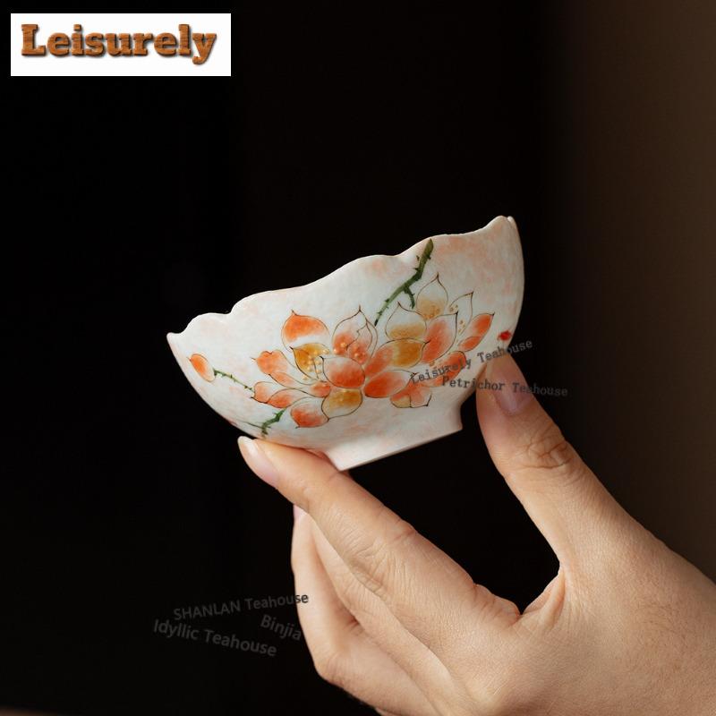 80ml Hand-painted Pink Magnolia Flower Mouth Teacup Luxury Tea Bowl Set Of Cups Tea-tasting Fragrance Cup Jianzhan Master Cups