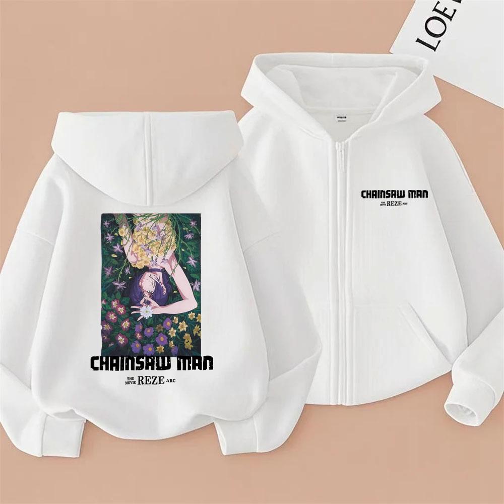 Japanese Anime Chainsaw Man Zipper Hoodie Cartoon Reze Graphic Zip Up Sweatshirt Men Women Manga Casual Oversized Jacket Coat