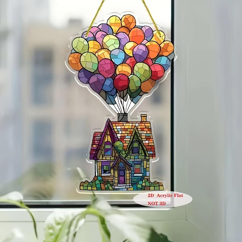 2D Flat Glass-Style Colorful Acrylic Hot Air Balloon and House Desktop Decoration, Suitable for wall Decoration, porch, Room, Villa, accents Home, Hal