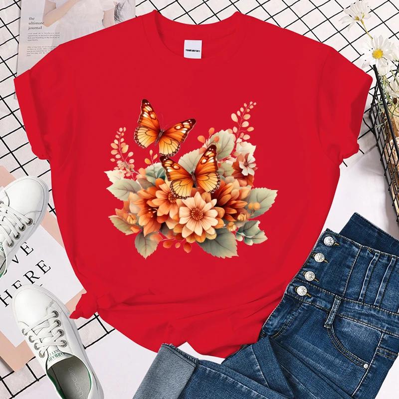 Hot Fall Flower Butterfly Printed T-Shirts For Women Summer Short Sleeve Tee Shirts Round Neck Casual tops