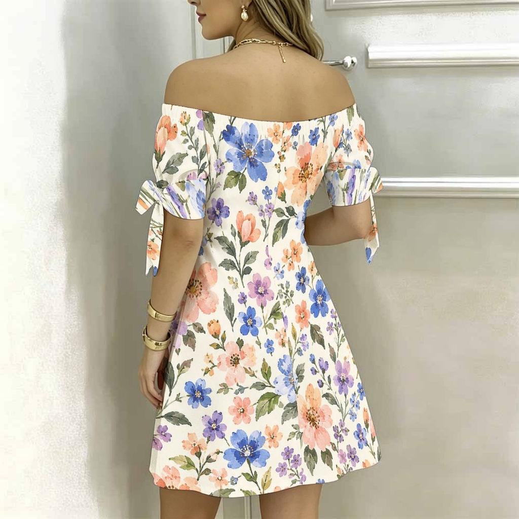 Women Plus Size Off Shoulder Tie Cuff Short Sleeve Floral Printed A Line Dress