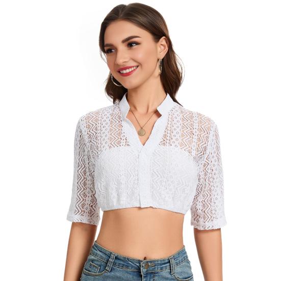 Women Lace Short Shirt Stand Collar Button Front Vintage Style Tops See-through Lace Oktoberfest