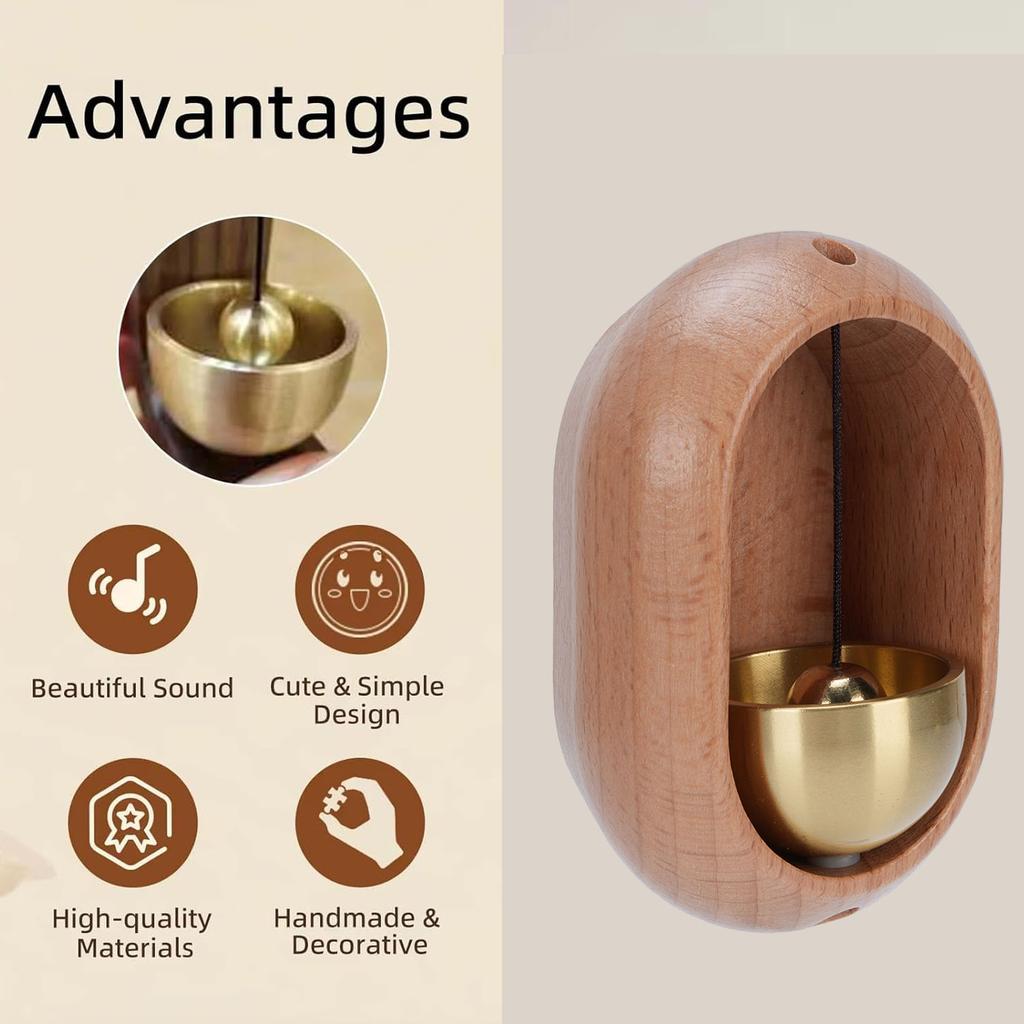 Shopkeepers Bell for Door Opening Brass Wood Decorative Doorbell Ornament with Double Sided Tape for Refrigerator Home Store Restaurant