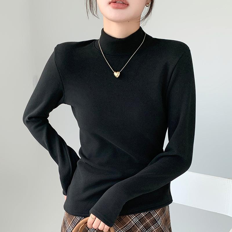 

Semi-turtleneck wool bottoming shirt women s autumn and winter inner one-piece fleece thickened slim-fit warm long-sleeved top M fits 80-47.5kg чёрный