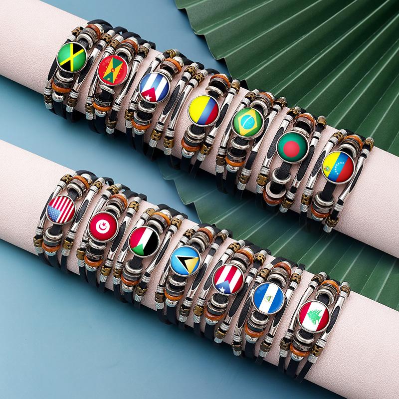 Factory National Country Flag Design Bracelet Crystal Bead Snap Button Sports National Team Jewelry Gift Leather Wrap Bracelet