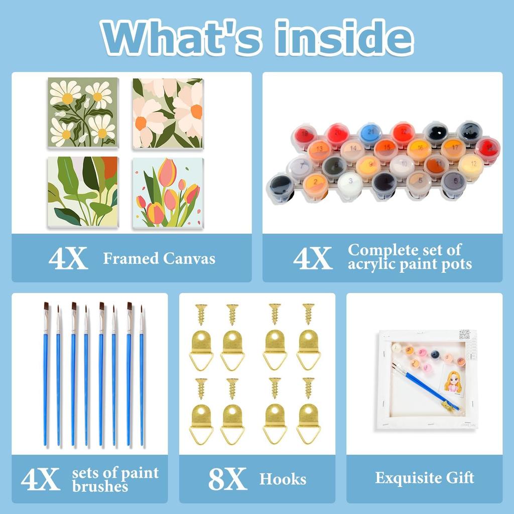 hkejoi 4 Pack Flowers Paint by Numbers Kit for Adults Framed - Small Easy Adult Paint by Numbers Kits, Acrylic Oil Painting Perfect for Home Wall