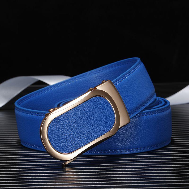 High Quality Leather Belt Yellow Cowhide Red Automatic Buckle Belt Blue White Trouser Belt