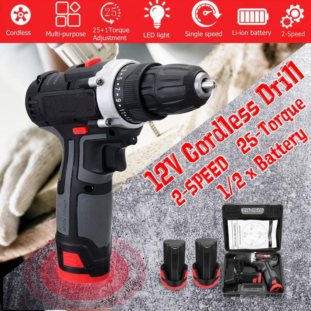 Rechargeable 12V Li-Ion Battery Cordless Drill 2 Speed Drilling Screw Driver Electric Drill Hand Power Tool +LED Light New