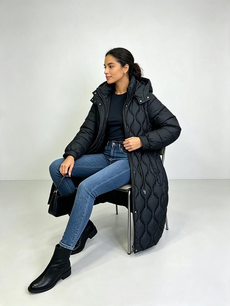 Women's Mid-Length Over-the-Knee Padded Coat, Stand Collar Hooded with Elastic Waist, Slim Fit, Warm Cold-Proof Winter Outerwear