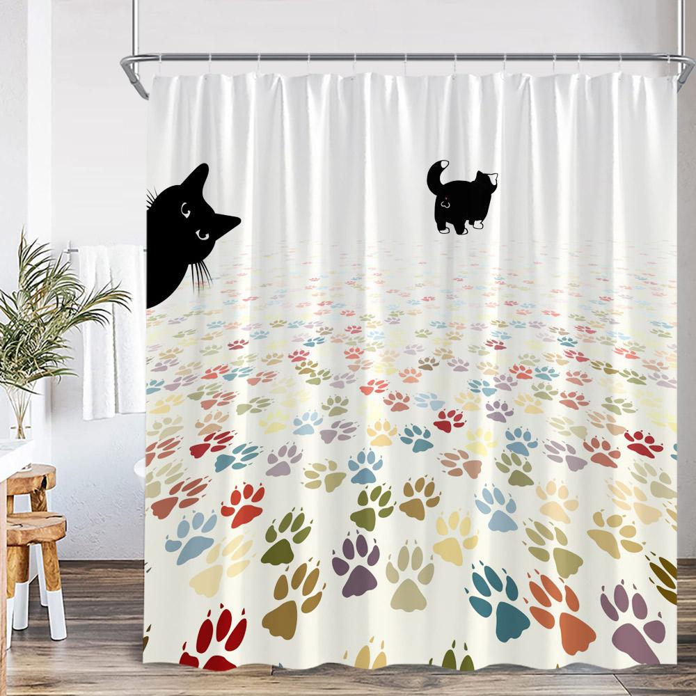 Cat Shower Curtain Cartoon Animal Potted Plant Greenery Black Cat Abstract Nordic Bathroom Decor Minimalist Bathtub Curtain