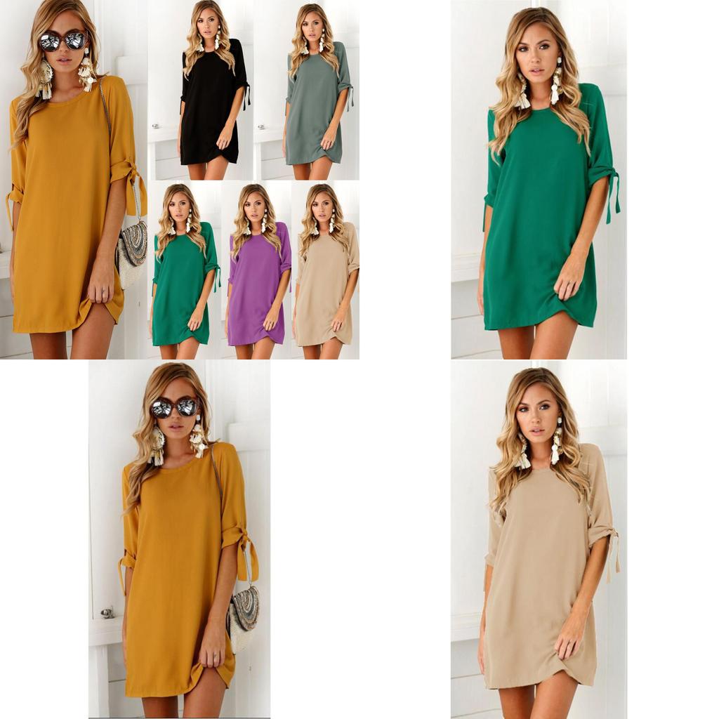 Stijlvolle Damesmode Jurk met Korte Mouwen en Ronde Hals in Effen Kleur voor Zomerse Gelegenheden