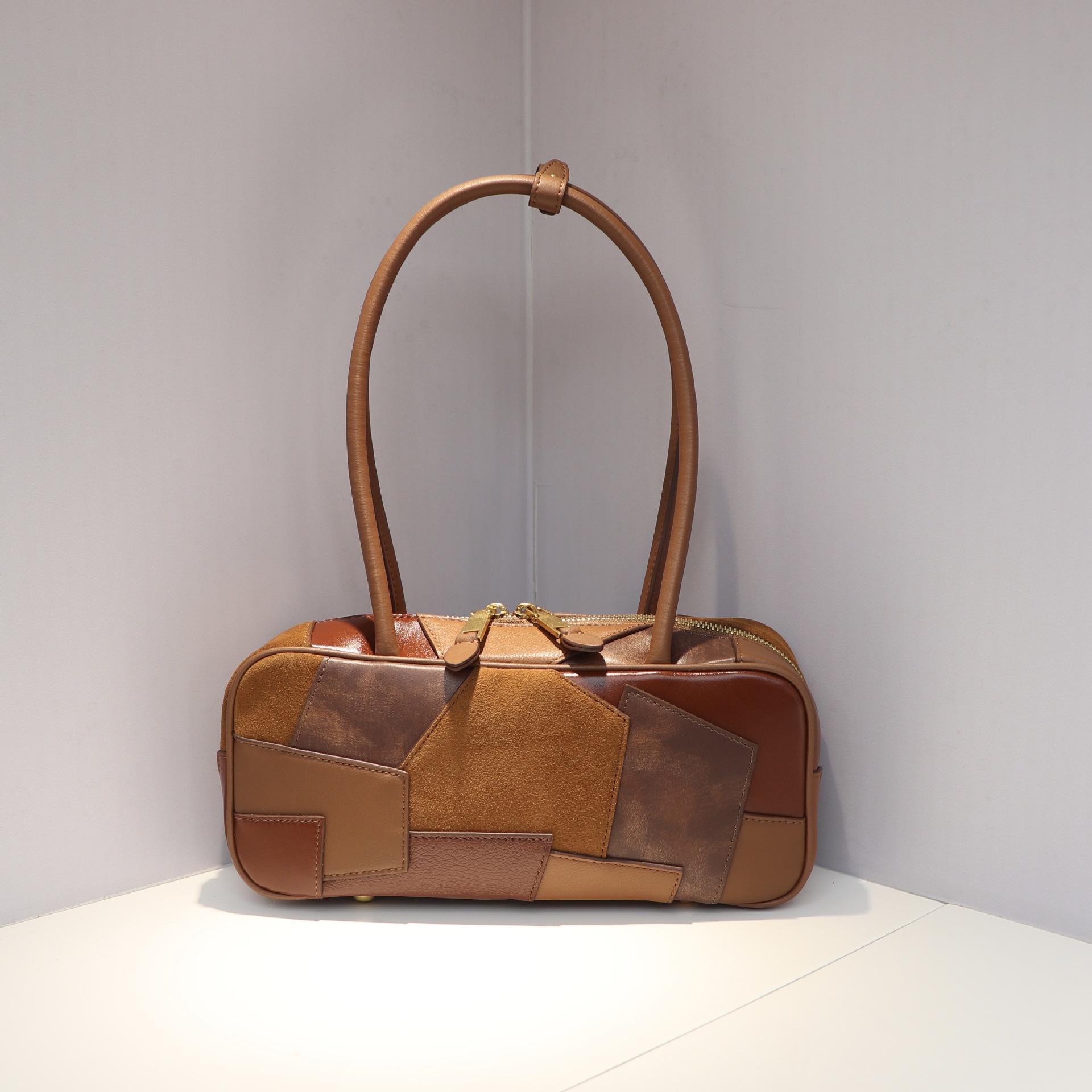

Maillard Patch Bag Series Boston Bowling Retro Splicing Head Layer Cowhide Briefcase Tote 29x9.5x13cm