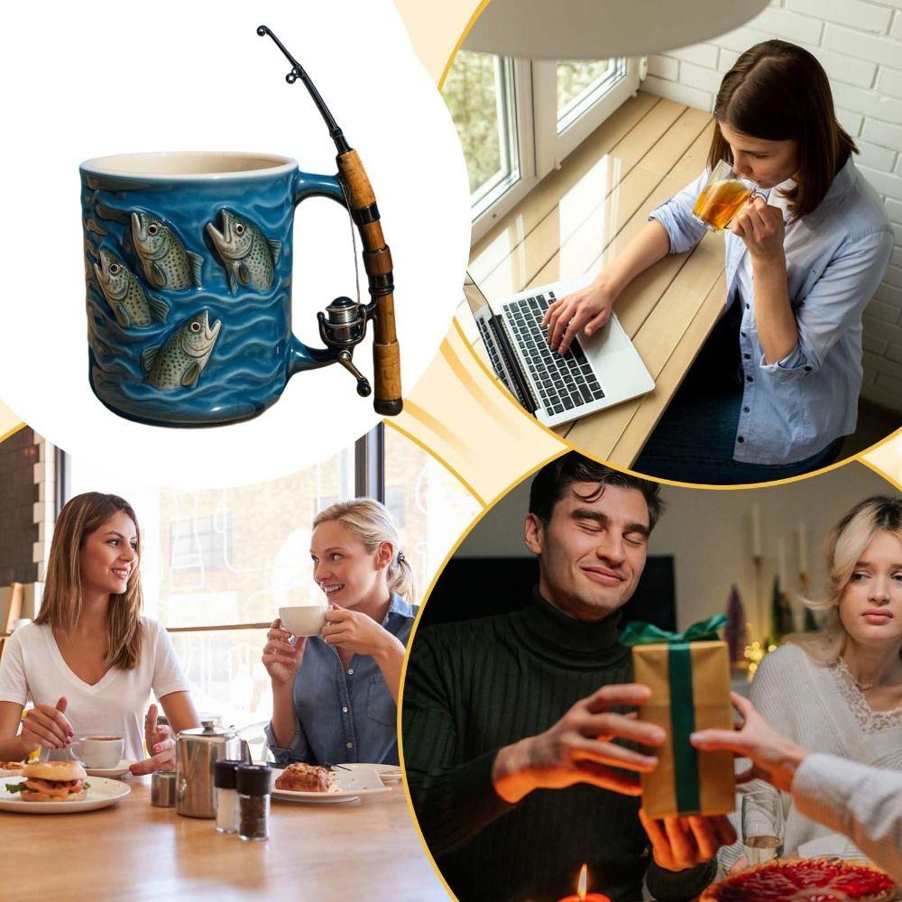 Rod & Reel Design Fishing Coffee Mug Grip Handle Fishing Theme Cup Funny Fishing Mug  Water Cup