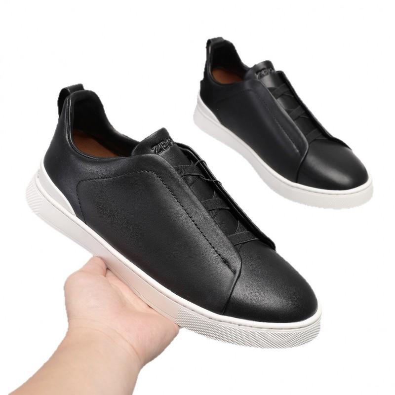 Mens Genuine Leather Slip-On Casual Sneakers Low-Cut Breathable Lightweight Comfortable Everyday Shoes