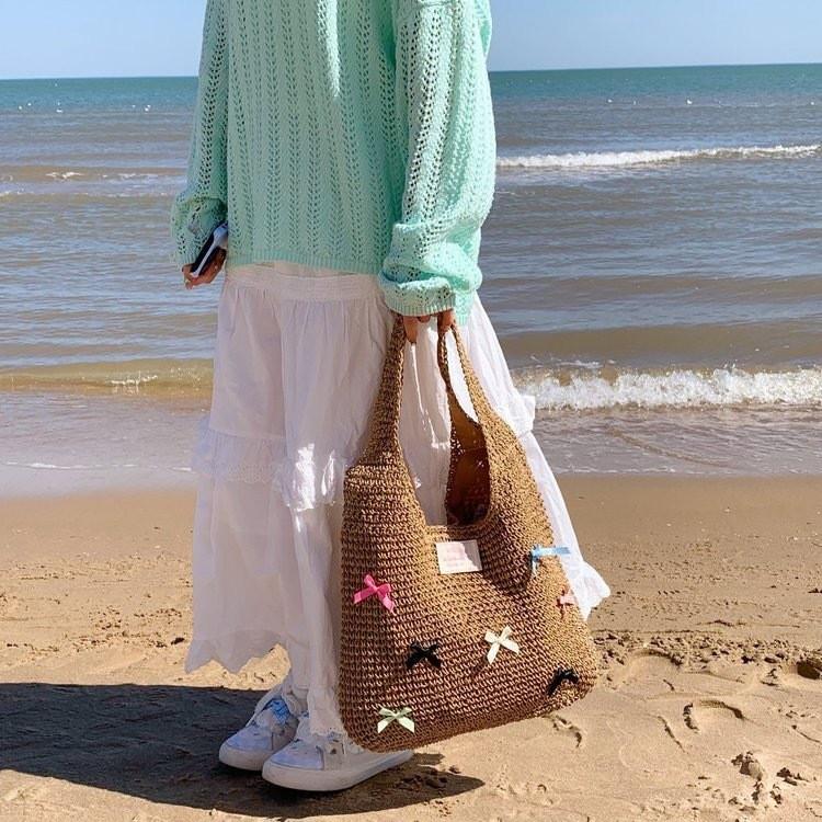 Straw Woven Bow Shoulder Bag With Large Capacity For Outdoor Leisure