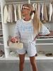 Women's Casual Striped Lounge Set Short Sleeve Top with Elastic Shorts 2 Piece Outfit