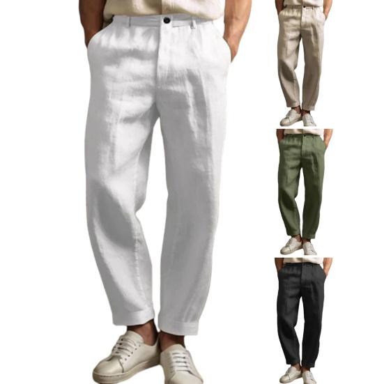 Men's Straight Leg Pants Solid Color Casual Trousers Breathable Loose Fit Pants with Reinforced