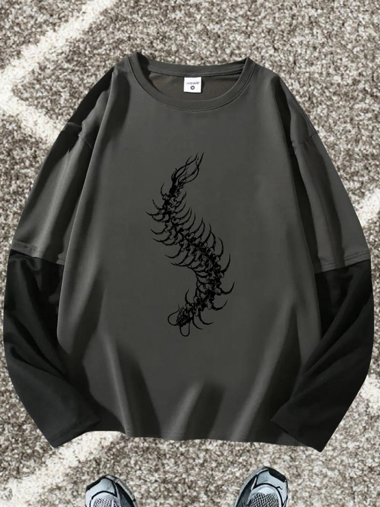 Men's Long Sleeve T-Shirts with Gothic Centipede Printed - High Street Color-Block Fake Two-Piece Casual Loose Y2K Goth Shirt Emo Tee Tops Streetwear