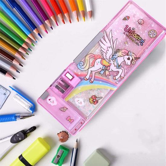 RSINC Double Compartment Glitter Star Flowing Pencil Box, Magnetic Pencil Box | Button Enabled Storages and Sharpener for Kids Unicor Plastic Pink | V