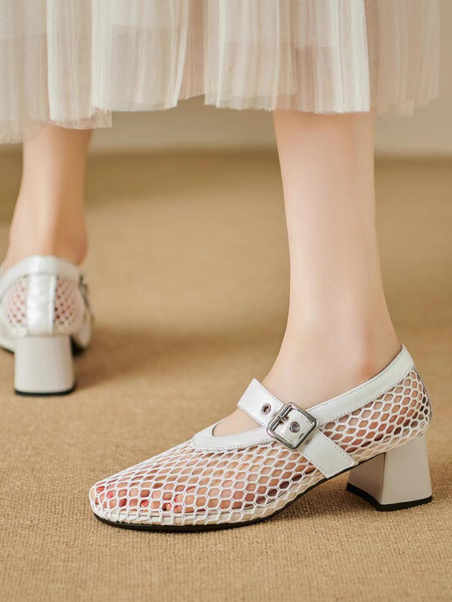 

модные женские летние туфли-лодочки Mary Jane Single Shoe с круглым носком и полой сеткой на высоком каблуке 40 белый