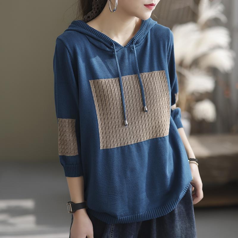 Тонкие камвольные повседневные толстовки в стиле пэчворк, свободный пуловер для отдыха с капюшоном, весенне-осенняя женская одежда, удобная XXXL синий