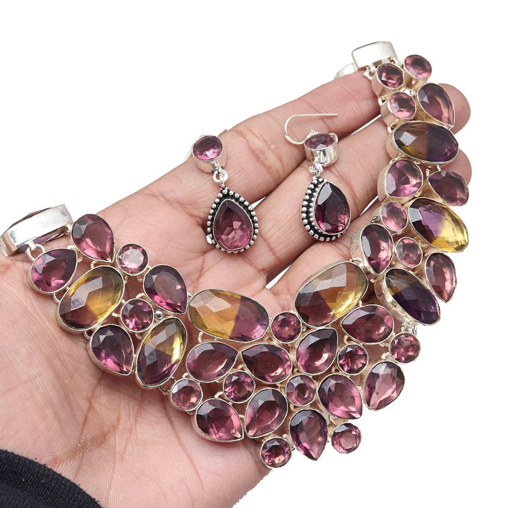 Ametrine ,Rubylite Facited Gemstone Jewelry Necklace &Earrings 18-20''