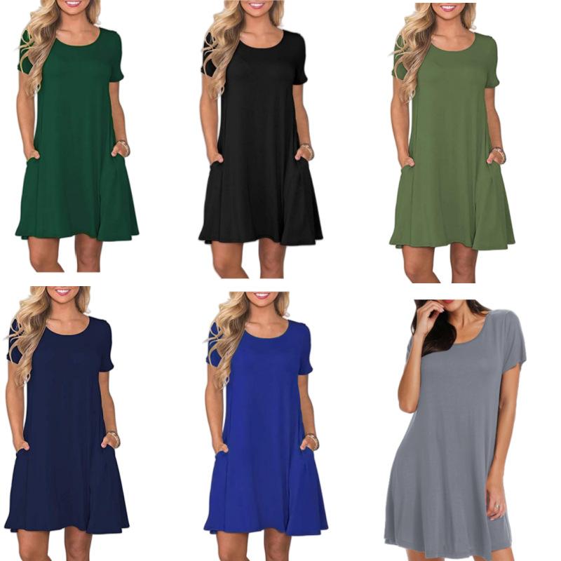 European And American New Round Neck Solid Color Casual Pocket Short Sleeve Big Pendulum Dress Women'S Clothing