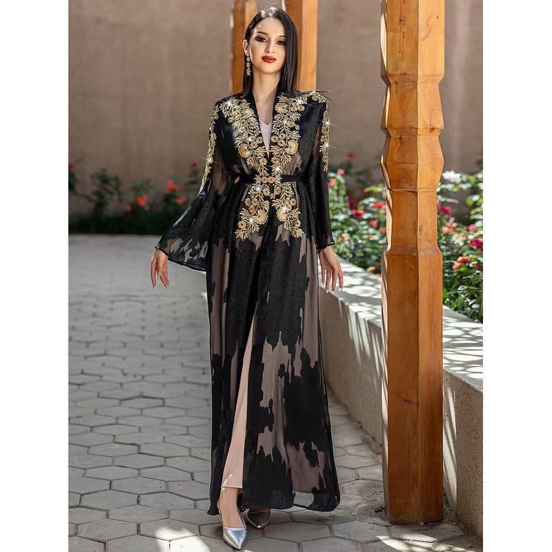 Middle East Lace Embroidery Belt Dress + Inner Skirt Two-Piece Set Lace Embroidered Dress Set