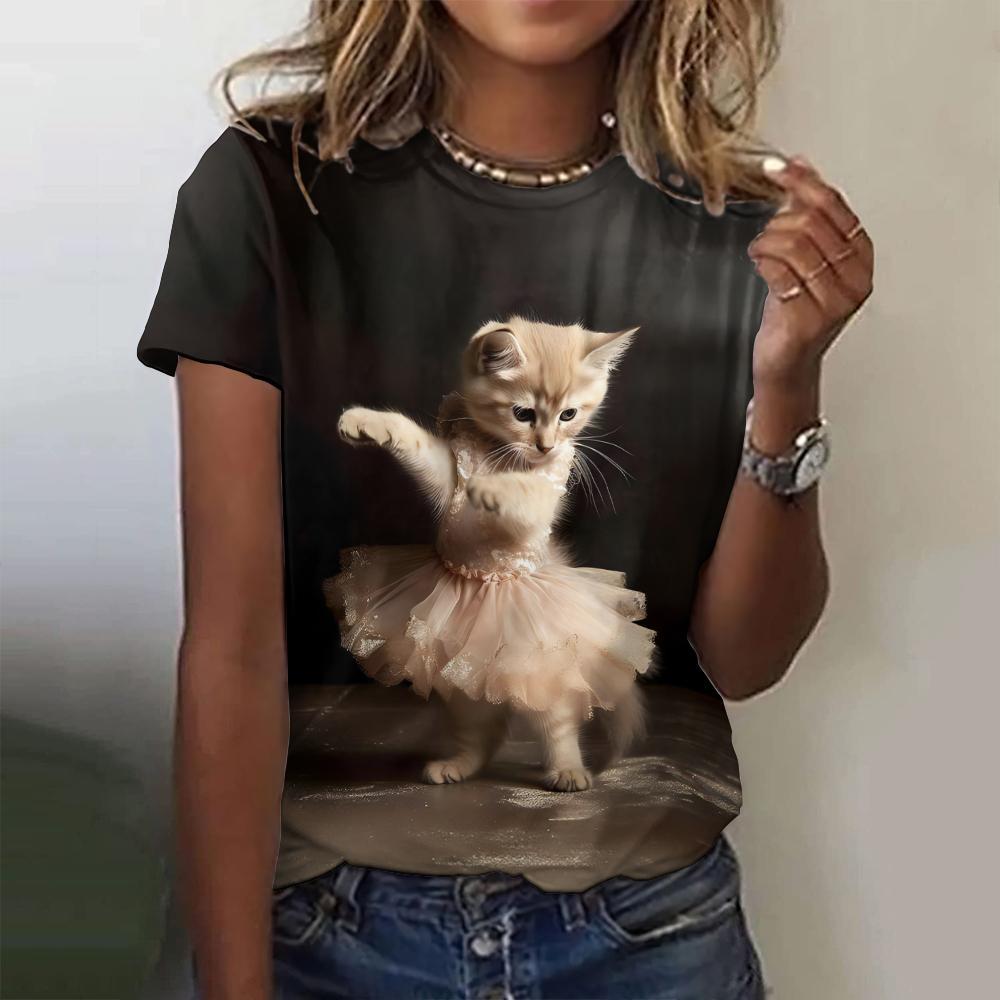 Fashion Personification Cat Pattern Dancing Cat Print Women's Short Sleeves T-shirt Casual Loose Tees Female Clothing Tops