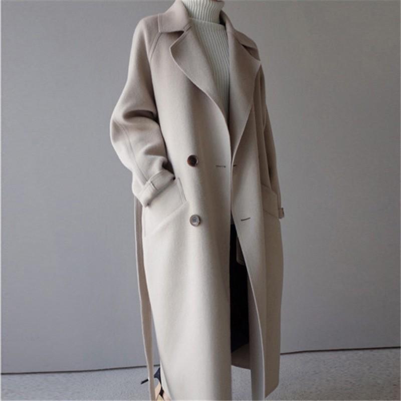 Womens Oversized Wool Blend Coat Winter Medium Length Double Breasted Casual Trench Style
