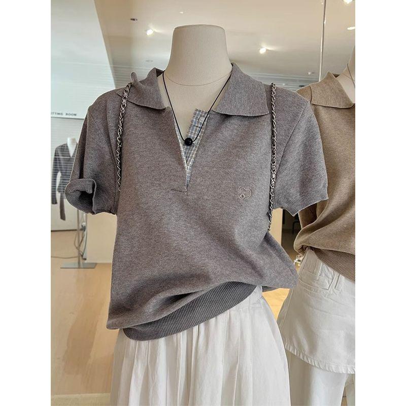 

Korean Series Polo Collar Short sleeve knit Women Summer 2025 New High-Grade Embroidery Loose Slimming Shoulder Top Gray L