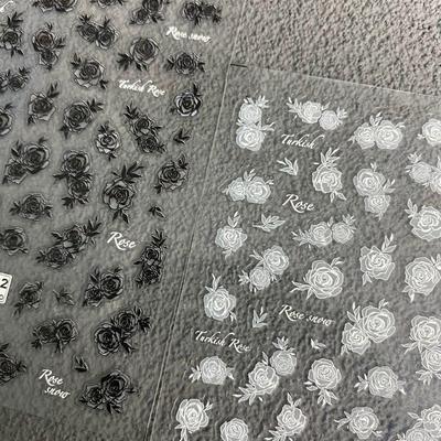 Embossed Black & White Rose Nail Art Stickers - Retro Gradient Floral Design