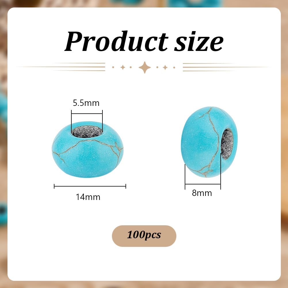 

PH PandaHall 100 шт. Бирюзовые бусины-самоцветы с трещинами, бусины с большим отверстием, бусины из бирюзового камня, европейские бусины, круглые бусины-разделители для браслета, ожерелья