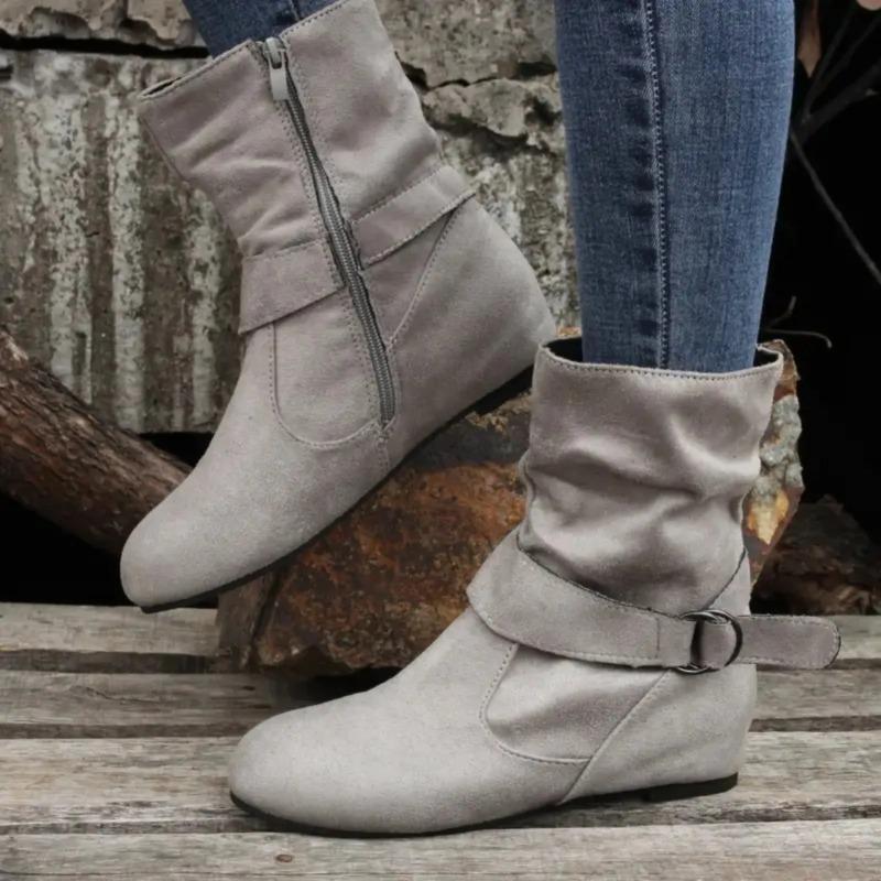 

Fashion Leisure Ankle Boots 2024 New Simple Commuting Round Toe Leather Boots Flat Bottomed Belt Buckle Women s Shoes Zapatos De Mujer 40 сірий