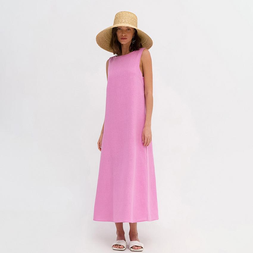 2024 Spring Women's Solid Color Cotton Linen A-line Tank Dress - French Loose Fit, Round Neck.