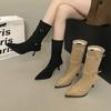 2025 Fashion Pointed Heel Suede French Skinny Boots Fashion Buckle Khaki Medium Tube Pleated Stacking Boots