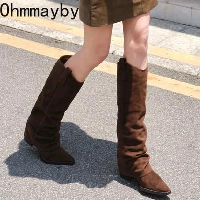 Dámské designové vintage westernové kozačky ke koleni, módní špičaté, dlouhé kotníkové boty, podzim zima, silné podpatky, dámské boty