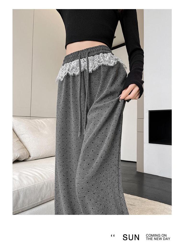 Women's High-Waist Black Polka Dot Lace Trim Wide-Leg Sporty Pants for Spring
