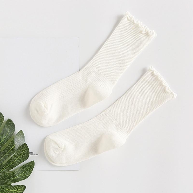 Ruffle Ankle Socks for Women Cotton Soft Solid Color Ribbed Knitted Lettuces Edge Low Cut Middle Tube Frilly Crew Socks