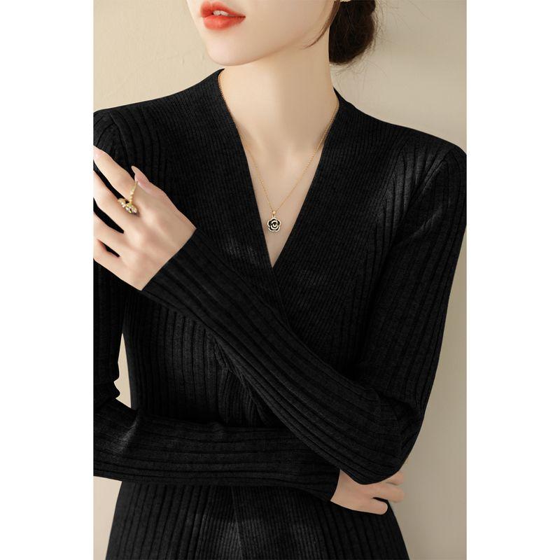 

Cross Collar Sweater Silm Knot Long Sleeves Knitwear Black 2XL