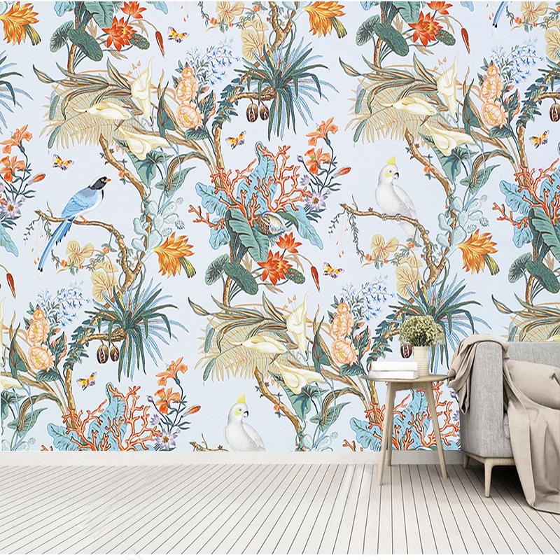 Mural Wallpaper 3D Retro Pastoral Rain Forest Flowers And Birds Art Wallpaper Living Room TV Sofa Background Wall Painting Papel De Parede